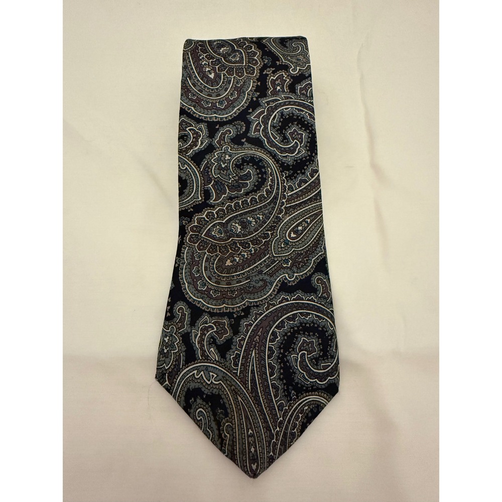 Vintage Hardy Amies London All Silk Tie Navy Gray Purple Paisley Necktie